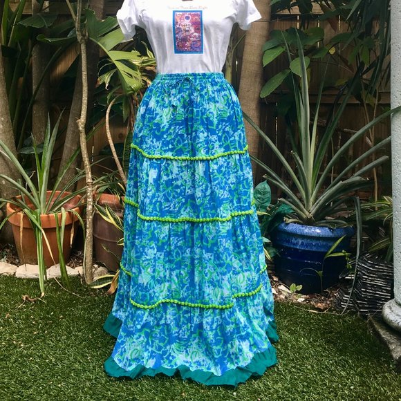 Beautiful Hippie Skirt Floral Peasant Maxi w/ pompoms! - Picture 2 of 6